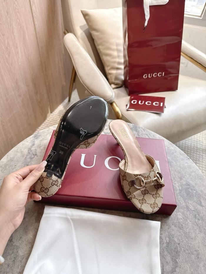 GUCCI Horsebit Slide Slippers 5cm Women's Beige & Dark Brown