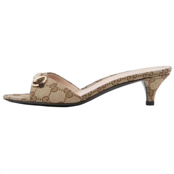 GUCCI Horsebit Slide Slippers 5cm Women's Beige & Dark Brown