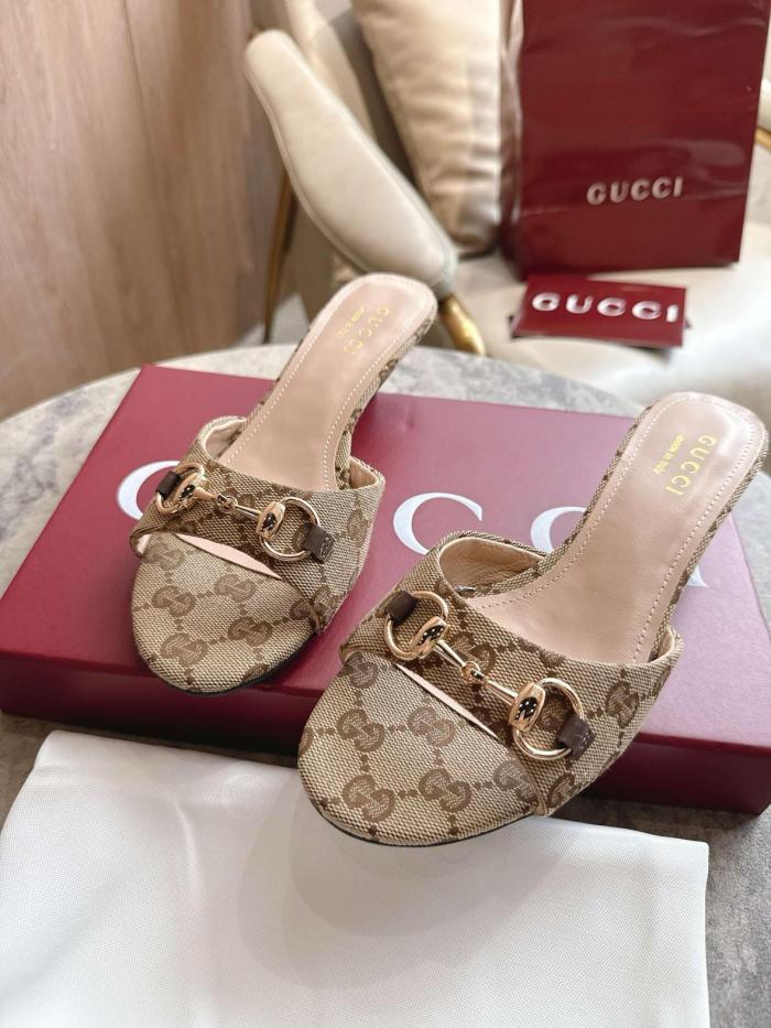 GUCCI Horsebit Slide Slippers 5cm Women's Beige & Dark Brown