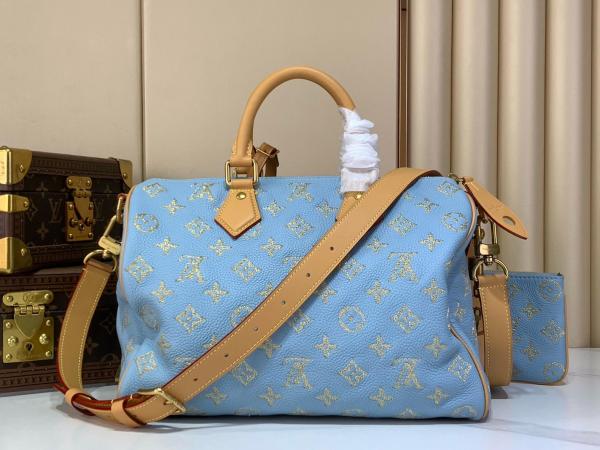 LOUIS VUITTON Speedy Cow Leather Travel Bag Handbag Men's Blue M28080 L25cm W15cm H15cm