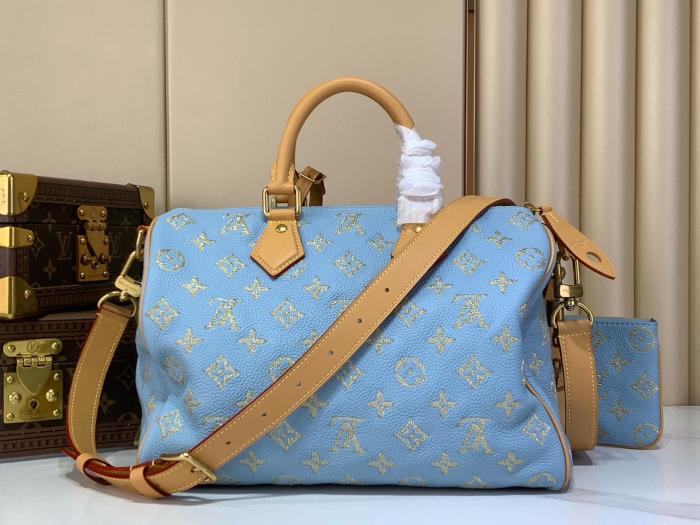 LOUIS VUITTON Speedy Cow Leather Travel Bag Handbag Men's Blue M28080 L25cm W15cm H15cm