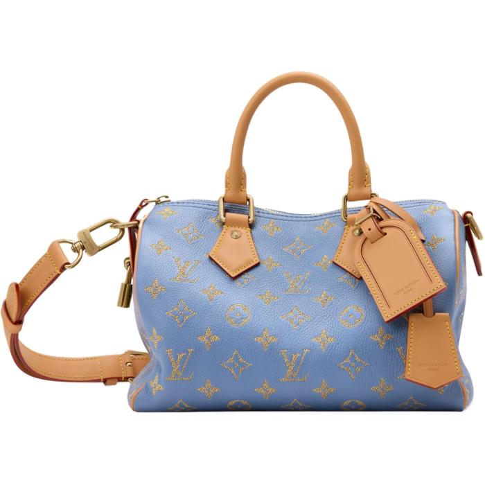 LOUIS VUITTON Speedy Cow Leather Travel Bag Handbag Men's Blue M28080 L25cm W15cm H15cm