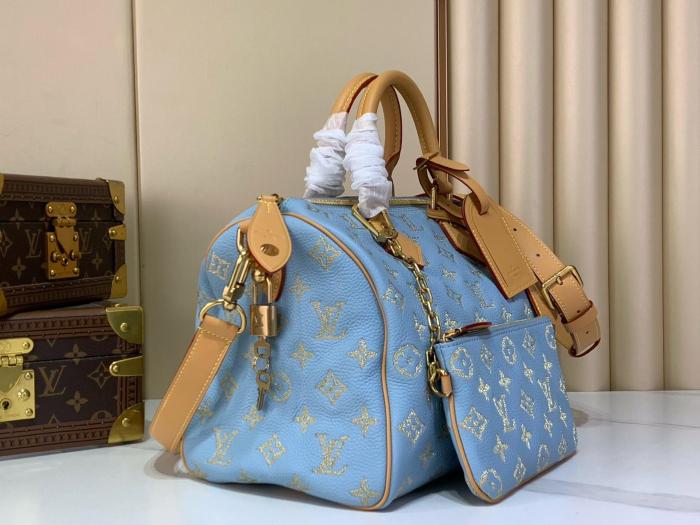 LOUIS VUITTON Speedy Cow Leather Travel Bag Handbag Men's Blue M28080 L25cm W15cm H15cm
