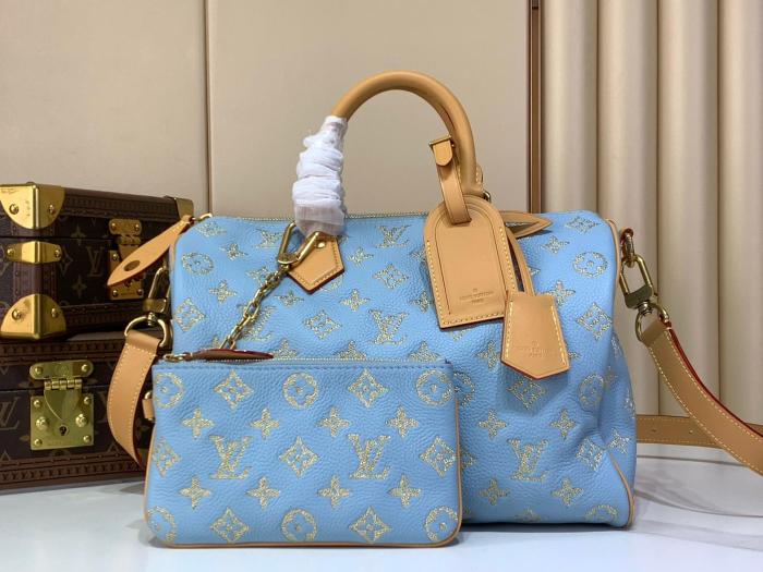 LOUIS VUITTON Speedy Cow Leather Travel Bag Handbag Men's Blue M28080 L25cm W15cm H15cm
