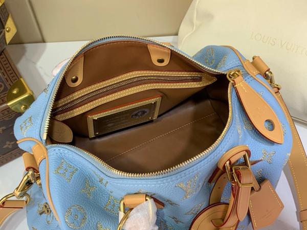 LOUIS VUITTON Speedy Cow Leather Travel Bag Handbag Men's Blue M28080 L25cm W15cm H15cm