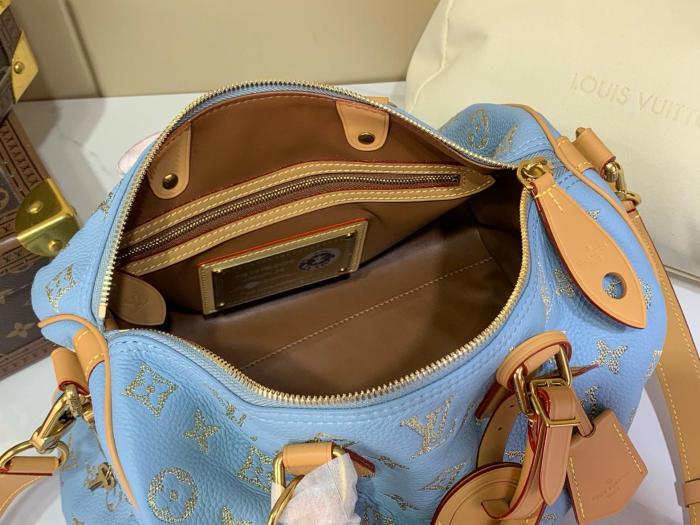 LOUIS VUITTON Speedy Cow Leather Travel Bag Handbag Men's Blue M28080 L25cm W15cm H15cm