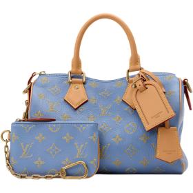 LOUIS VUITTON Speedy Cow Leather Travel Bag Handbag Men's Blue M28080 L25cm W15cm H15cm