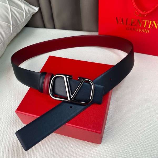 Valentino Calfskin Leather Belts Men's Black Width 4cm