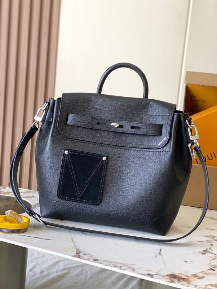 LOUIS VUITTON Steamer Calfskin One Shoulder Handbag Medium Men's Black M27061 L33cm W14cm H32cm