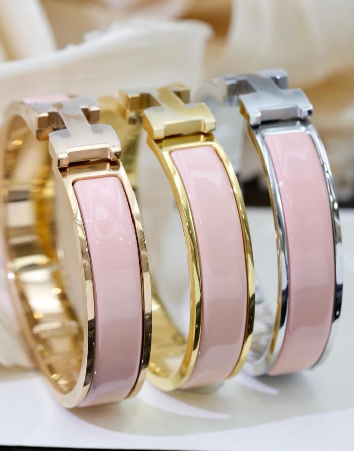 HERMES Clic H Enamel Bangles Women's Gold, Pink