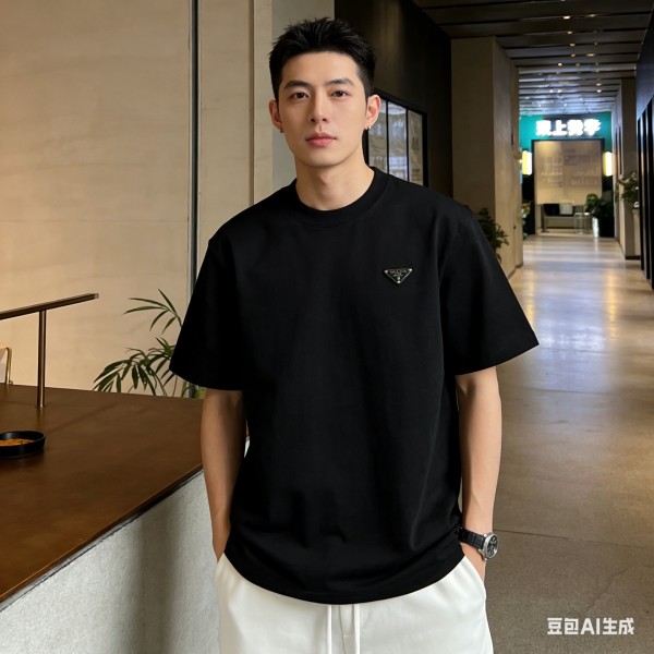 PRADA T Shirts Men's Black Crew Neck Moderate Straight Fit