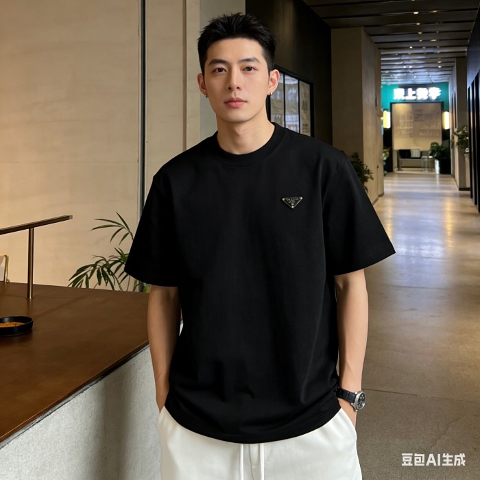 PRADA T Shirts Men's Black Crew Neck Moderate Straight Fit