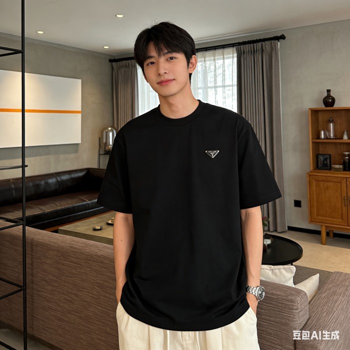 PRADA T Shirts Men's Black Crew Neck Moderate Straight Fit