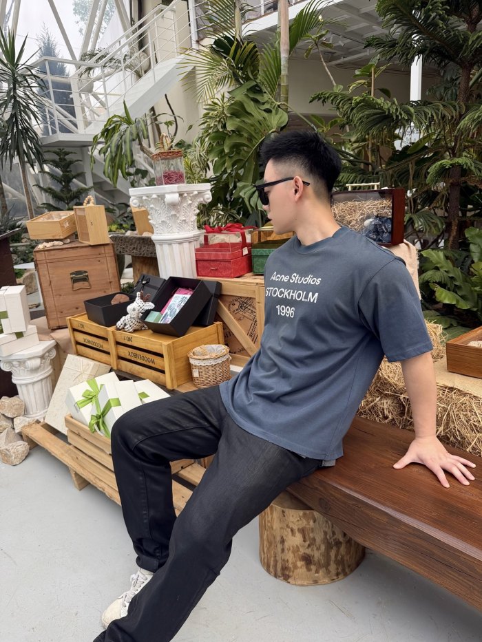 Acne Studios T Shirts Men's Dark Blue Crew Neck Moderate Straight Fit