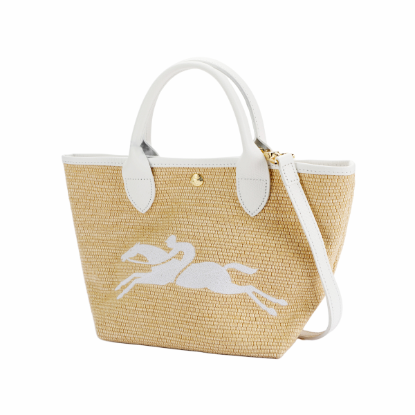 LONGCHAMP Le Panier Pliage Cow Leather Canvas Shoulder Bag, Crossbody Bag, Handbag Small Women's White 10144HZB007 L21cm W14cm H20cm