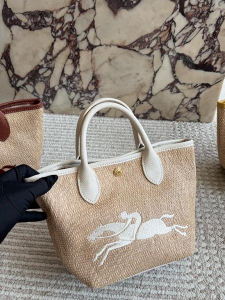 LONGCHAMP Le Panier Pliage Cow Leather Canvas Shoulder Bag, Crossbody Bag, Handbag Small Women's White 10144HZB007 L21cm W14cm H20cm