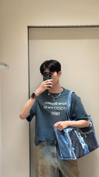 Acne Studios T Shirts Men's Dark Blue Crew Neck Moderate Straight Fit