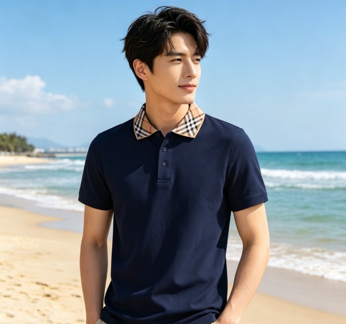 Burberry Polo Shirts Men's Marine Blue Polo Collar Moderate Straight Fit