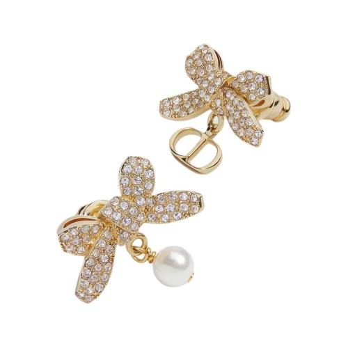 DIOR Resin Crystal Earrings Unisex Gold/White