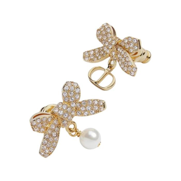 DIOR Resin Crystal Earrings Unisex Gold/White