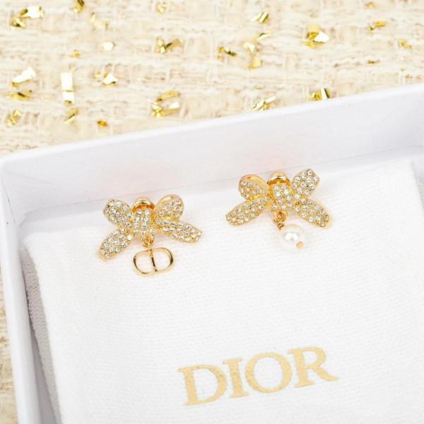 DIOR Resin Crystal Earrings Unisex Gold/White