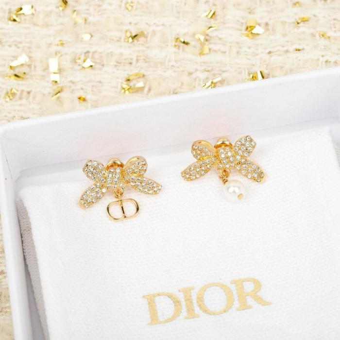 DIOR Resin Crystal Earrings Unisex Gold/White