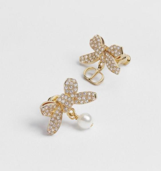 DIOR Resin Crystal Earrings Unisex Gold/White