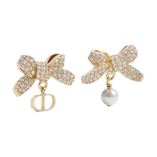 DIOR Resin Crystal Earrings Unisex Gold/White