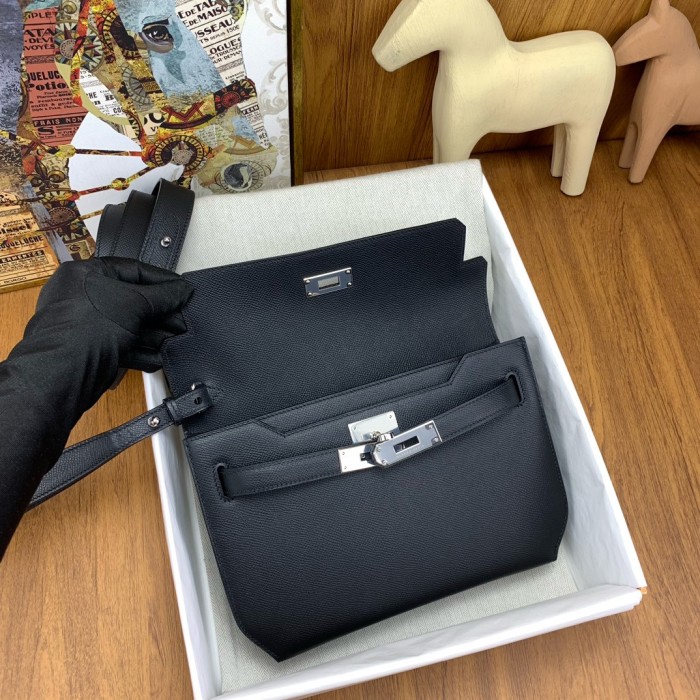 HERMES Kelly Depeches Evergrain Cow Leather Clutch Men's Noir Black H078399CK89 L25.2cm W4cm H19.5cm