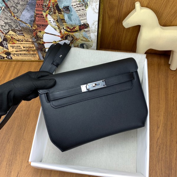 HERMES Kelly Depeches Evergrain Cow Leather Clutch Men's Noir Black H078399CK89 L25.2cm W4cm H19.5cm