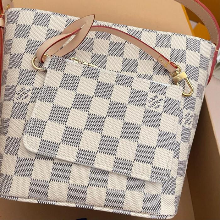 LOUIS VUITTON All In BB Damier Azur Coated Canvas Bucket Bag, One Shoulder Handbag Small Women's White & Light Purple N40855 L16*W12*H18 cm