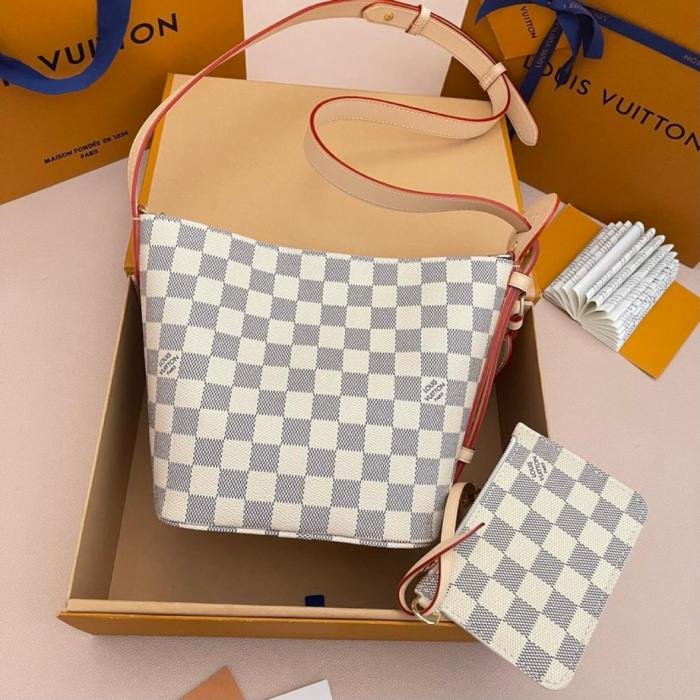 LOUIS VUITTON All In BB Damier Azur Coated Canvas Bucket Bag, One Shoulder Handbag Small Women's White & Light Purple N40855 L16*W12*H18 cm