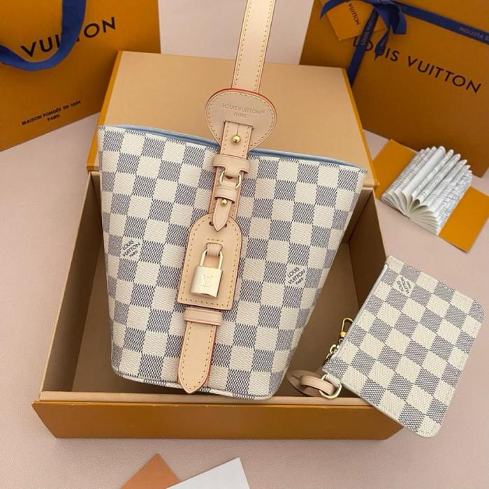 LOUIS VUITTON All In BB Damier Azur Coated Canvas Bucket Bag, One Shoulder Handbag Small Women's White & Light Purple N40855 L16*W12*H18 cm