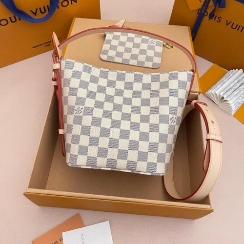 LOUIS VUITTON All In BB Damier Azur Coated Canvas Bucket Bag, One Shoulder Handbag Small Women's White & Light Purple N40855 L16*W12*H18 cm