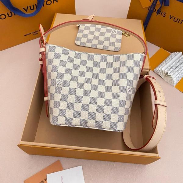 LOUIS VUITTON All In BB Damier Azur Coated Canvas Bucket Bag, One Shoulder Handbag Small Women's White & Light Purple N40855 L16*W12*H18 cm