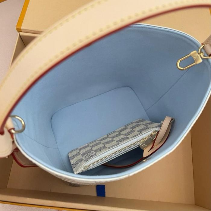 LOUIS VUITTON All In BB Damier Azur Coated Canvas Bucket Bag, One Shoulder Handbag Small Women's White & Light Purple N40855 L16*W12*H18 cm