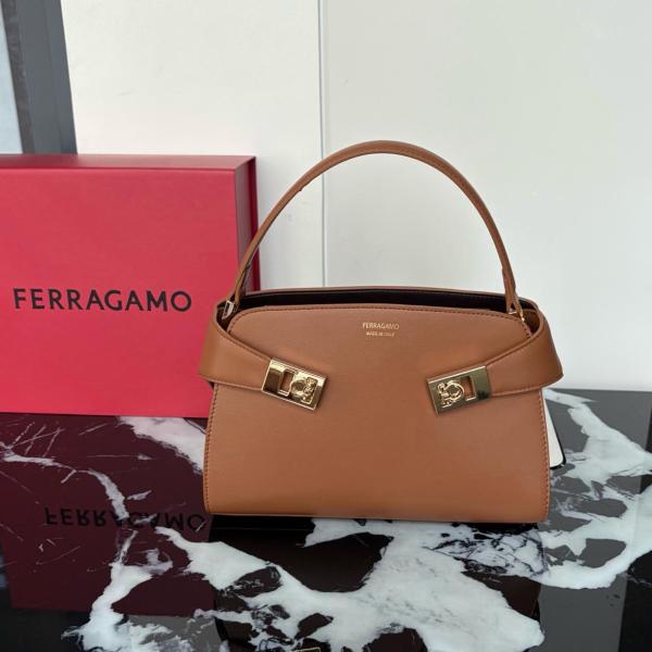 FERRAGAMO Hug Calfskin Handbag Mini Women's Dark Brown 21A711-795369 L25*W10.5*H17.5 cm