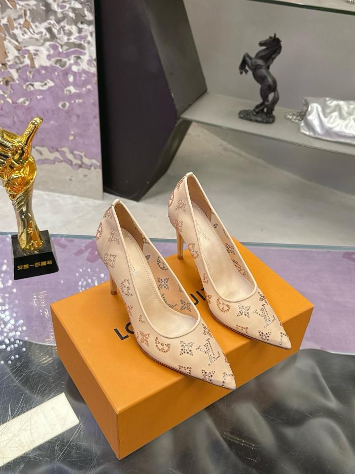LOUIS VUITTON GALA Fabric Slim Heel High Heels 8cm Women's Beige