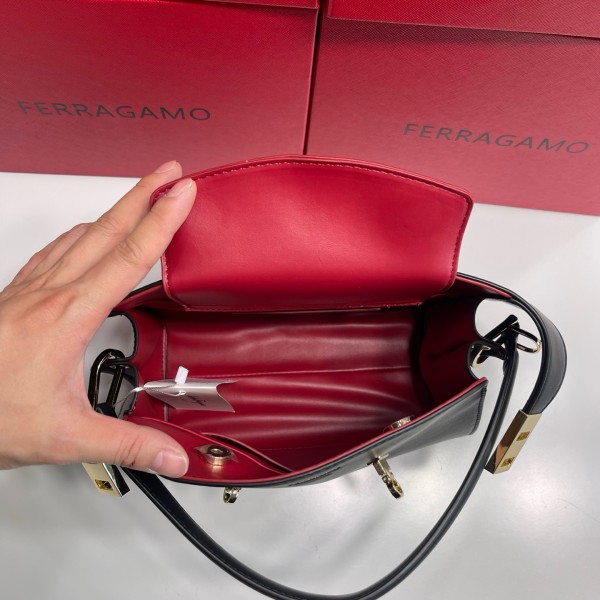 FERRAGAMO Hug Cow Leather Handbag Mini Women's Black 21A711-795207 25*10.5*17.5 cm