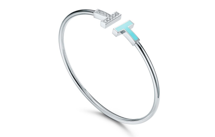 TIFFANY & CO. Pre Owned 10s 18K White Gold Diamond T wire Bracelet