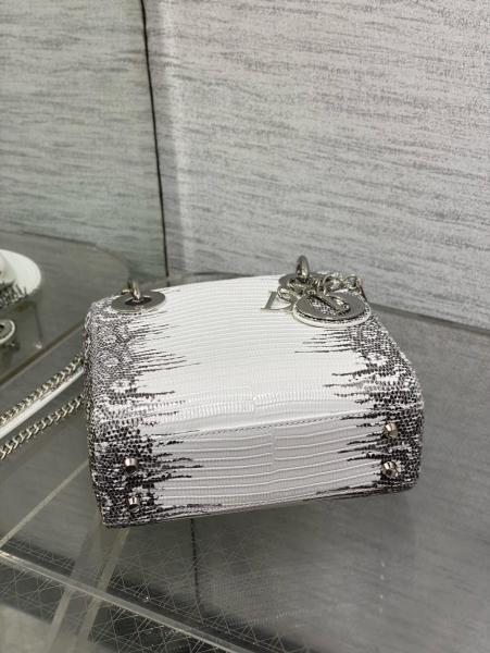 DIOR Lady Dior Lizard Skin Shoulder Bag, Crossbody Bag, Handbag Mini Women's Gray & Milk White M0505PLFA-M941 L17cm W7cm H15cm