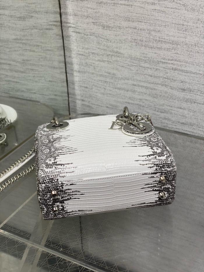 DIOR Lady Dior Lizard Skin Shoulder Bag, Crossbody Bag, Handbag Mini Women's Gray & Milk White M0505PLFA-M941 L17cm W7cm H15cm