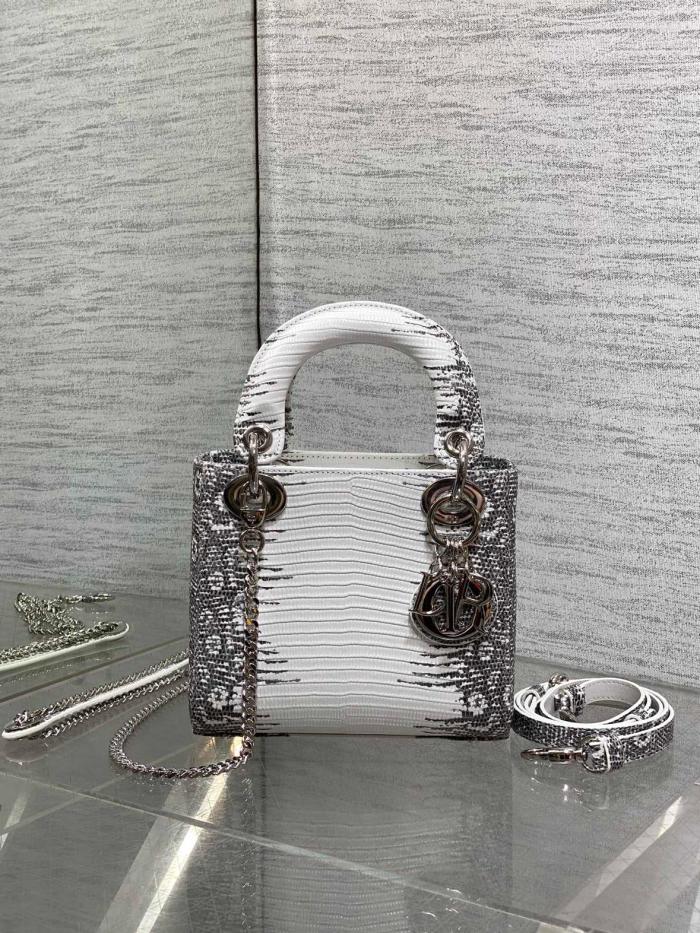 DIOR Lady Dior Lizard Skin Shoulder Bag, Crossbody Bag, Handbag Mini Women's Gray & Milk White M0505PLFA-M941 L17cm W7cm H15cm