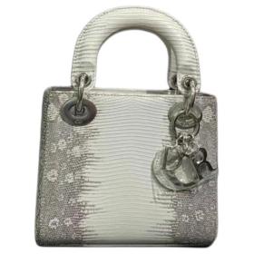 DIOR Lady Dior Lizard Skin Shoulder Bag, Crossbody Bag, Handbag Mini Women's Gray & Milk White M0505PLFA-M941 L17cm W7cm H15cm