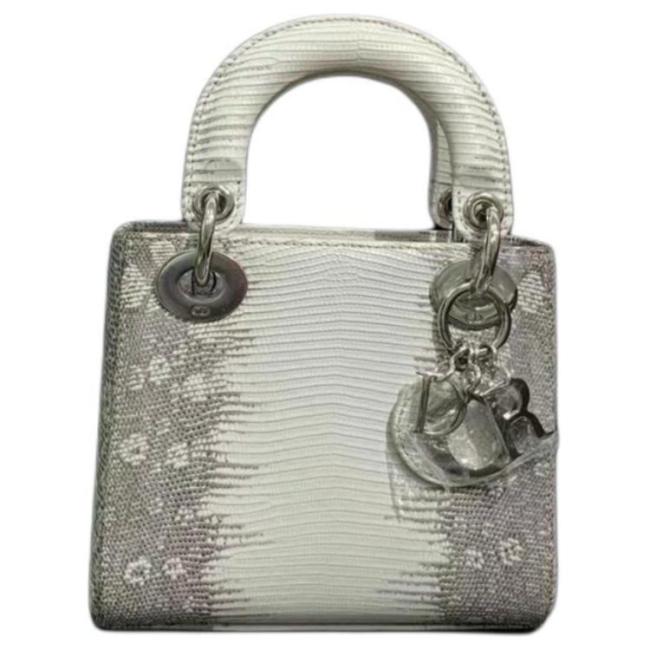 DIOR Lady Dior Lizard Skin Shoulder Bag, Crossbody Bag, Handbag Mini Women's Gray & Milk White M0505PLFA-M941 L17cm W7cm H15cm