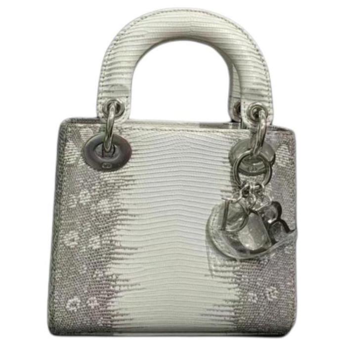 DIOR Lady Dior Lizard Skin Shoulder Bag, Crossbody Bag, Handbag Mini Women's Gray & Milk White M0505PLFA-M941 L17cm W7cm H15cm