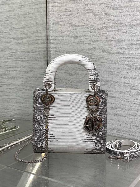 DIOR Lady Dior Lizard Skin Shoulder Bag, Crossbody Bag, Handbag Mini Women's Gray & Milk White M0505PLFA-M941 L17cm W7cm H15cm