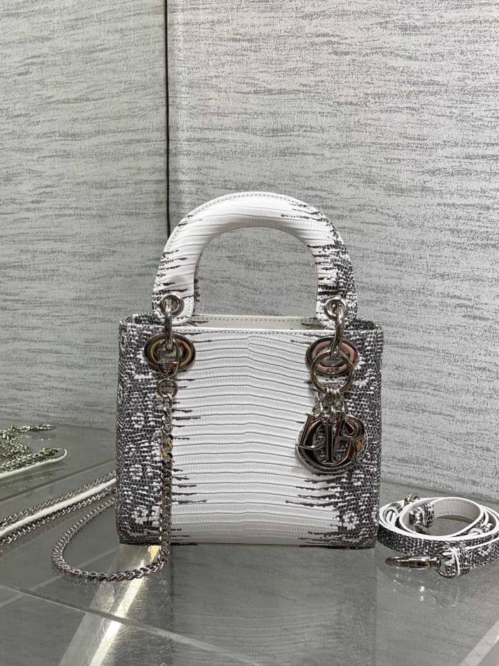 DIOR Lady Dior Lizard Skin Shoulder Bag, Crossbody Bag, Handbag Mini Women's Gray & Milk White M0505PLFA-M941 L17cm W7cm H15cm