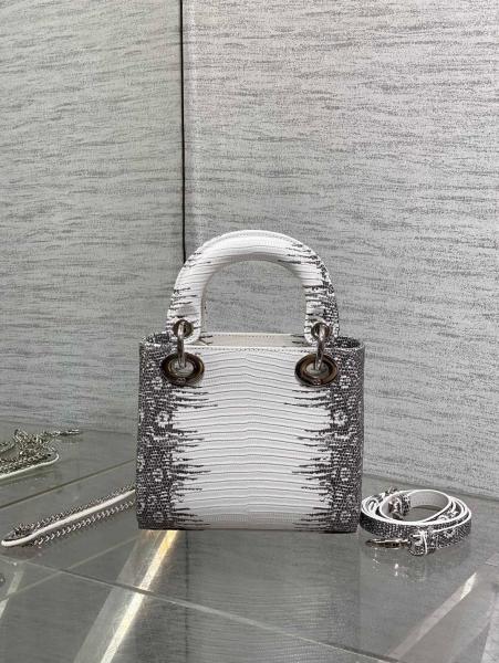 DIOR Lady Dior Lizard Skin Shoulder Bag, Crossbody Bag, Handbag Mini Women's Gray & Milk White M0505PLFA-M941 L17cm W7cm H15cm