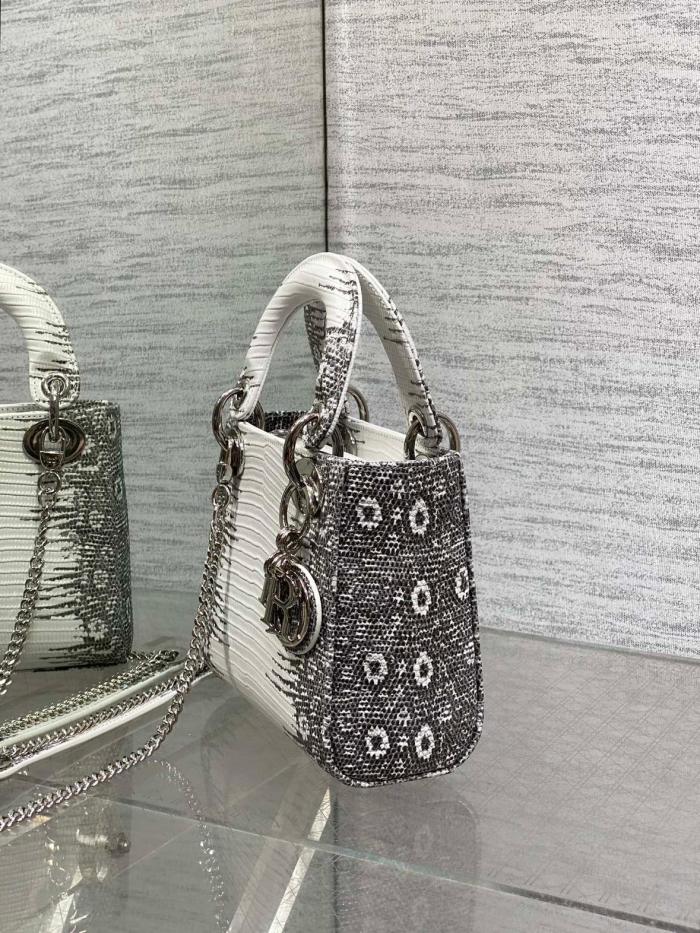 DIOR Lady Dior Lizard Skin Shoulder Bag, Crossbody Bag, Handbag Mini Women's Gray & Milk White M0505PLFA-M941 L17cm W7cm H15cm